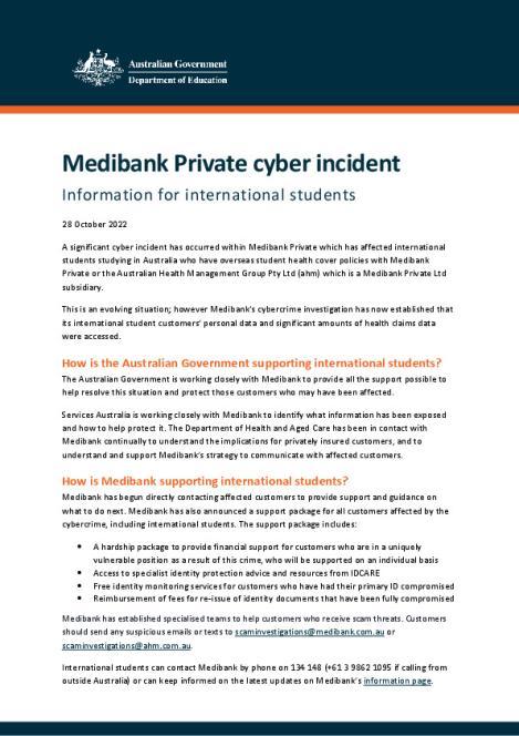 Medibank Private cyber incident factsheet for international students